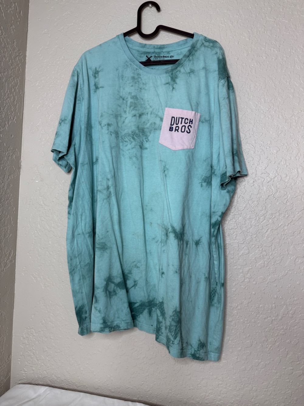 Dutch Bros Aqua Tie-Dye Pocket Tee with Pink Logo Pocket